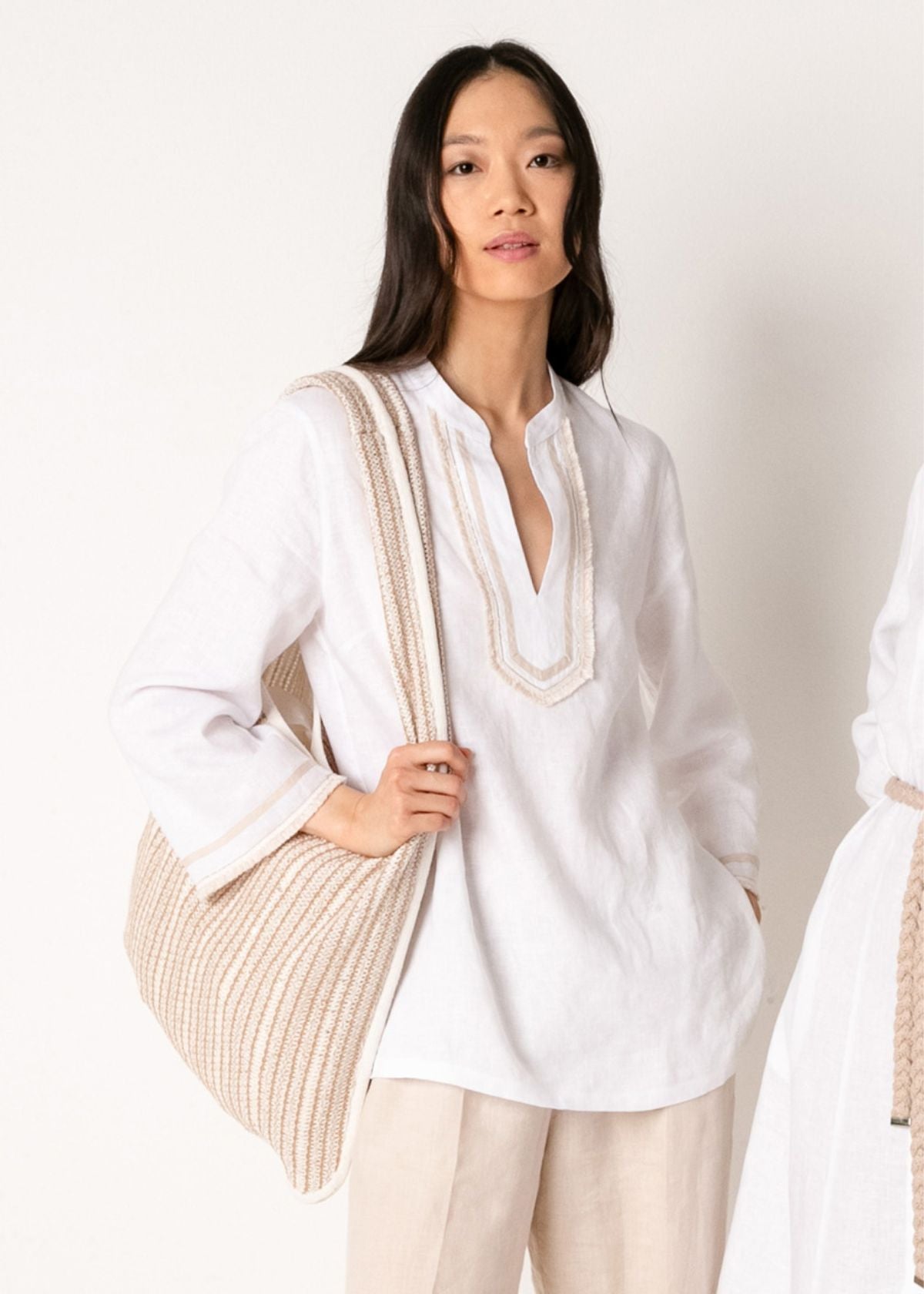 PUROTATTO V Neck Tunic Top with Metallic Thread - Ivory