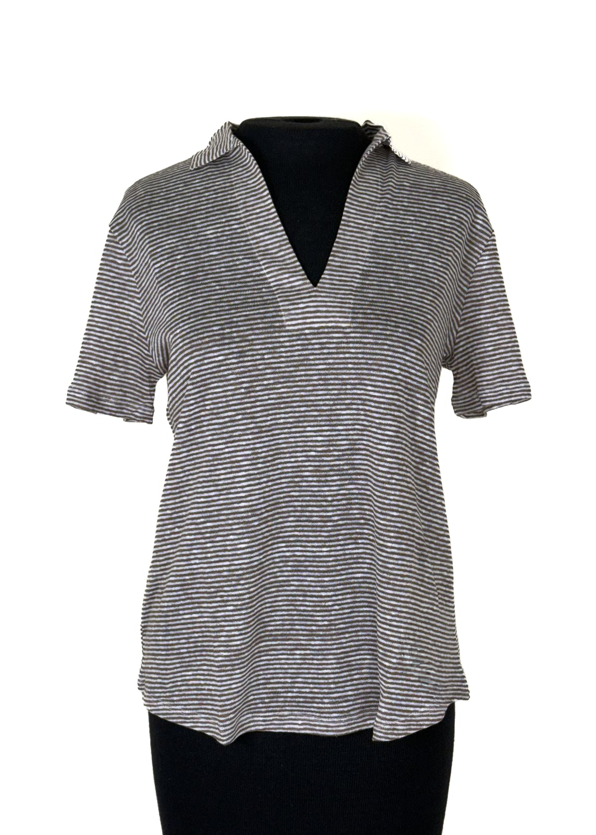 PUROTATTO Short Sleeve Polo Top - Off White and Brown Stripe