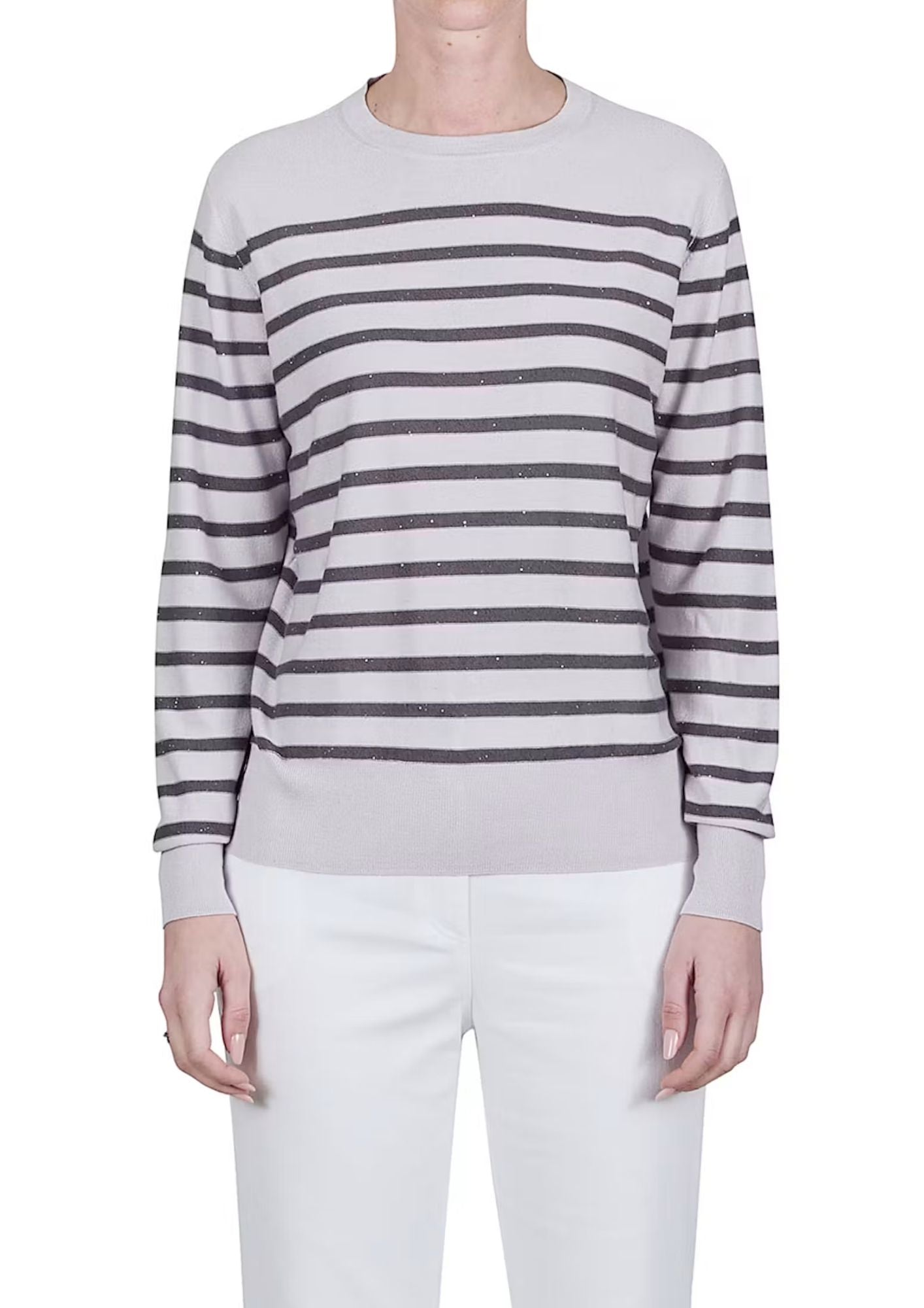 PUROTATTO Round Neck Sweater - Silver and Anthracite Stripe