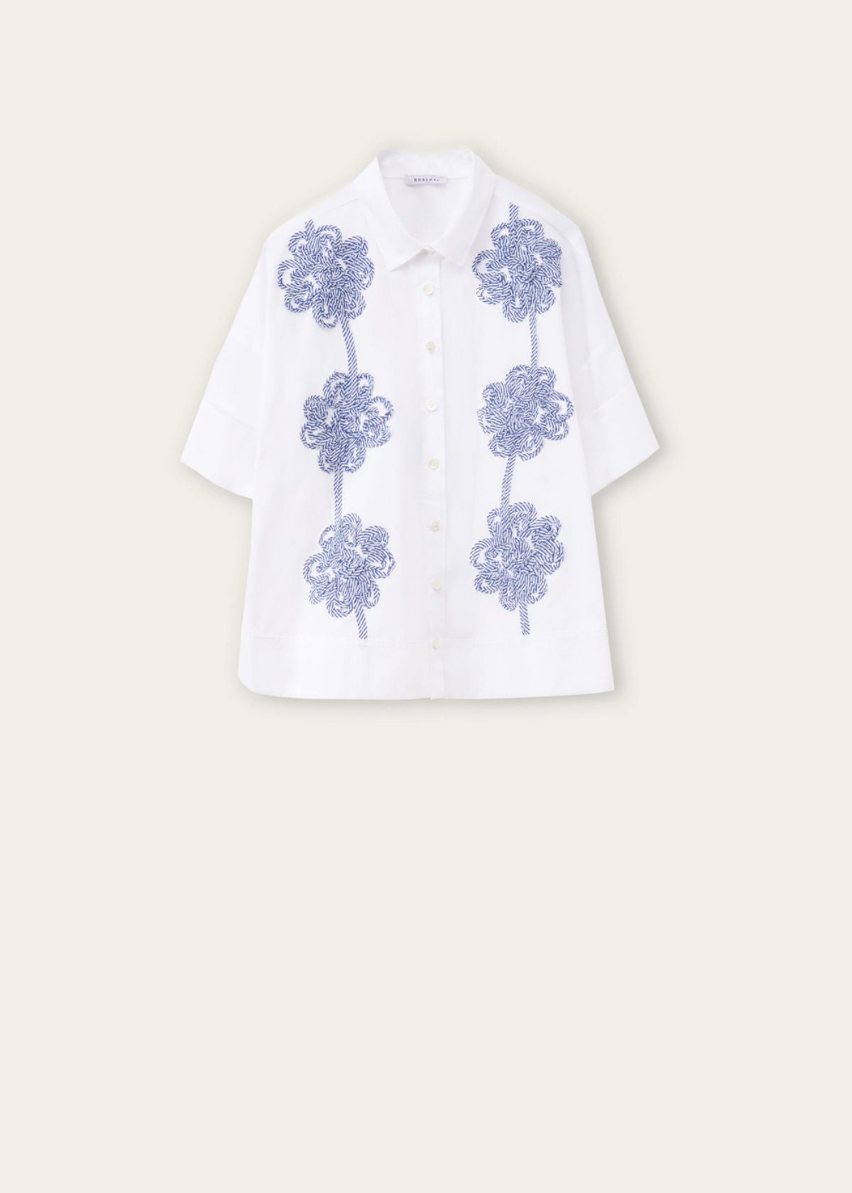 ROSSO 35 Short Sleeve Top with Flower Embroidery - White with Blue