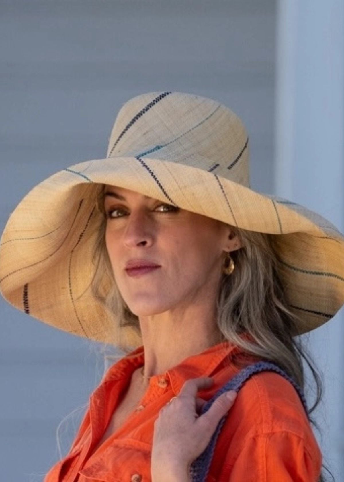 SHEBOBO Monica 7" Wide Brim Packable Straw Sun Hat - Blues Multi Pinstripe