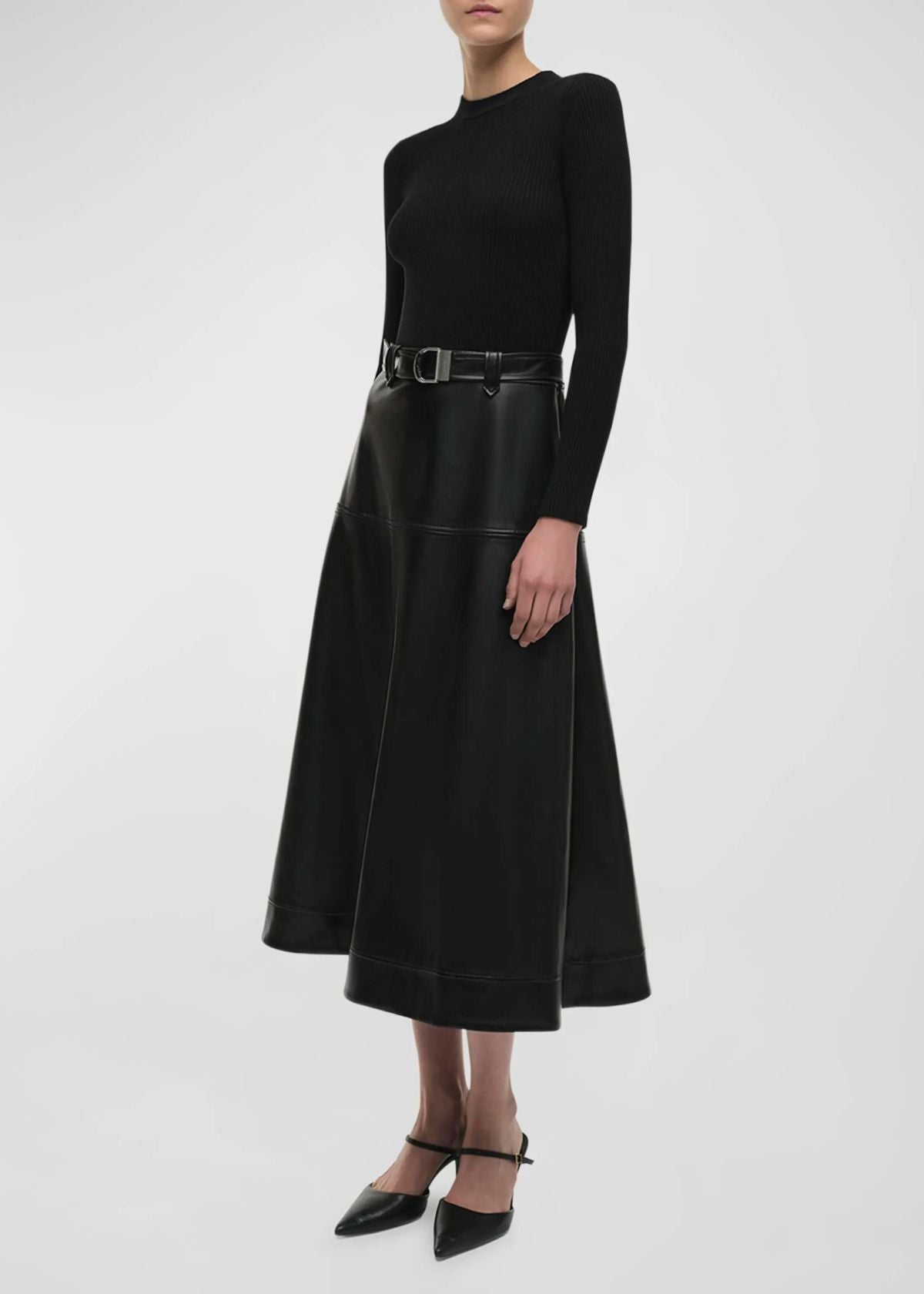 SIMKHAI Ulyssia Belted Knit and Faux Leather Dress - Black