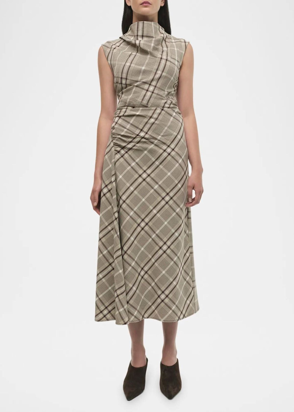 SIMKHAI Burke Plaid Draped Midi Dress - Sand