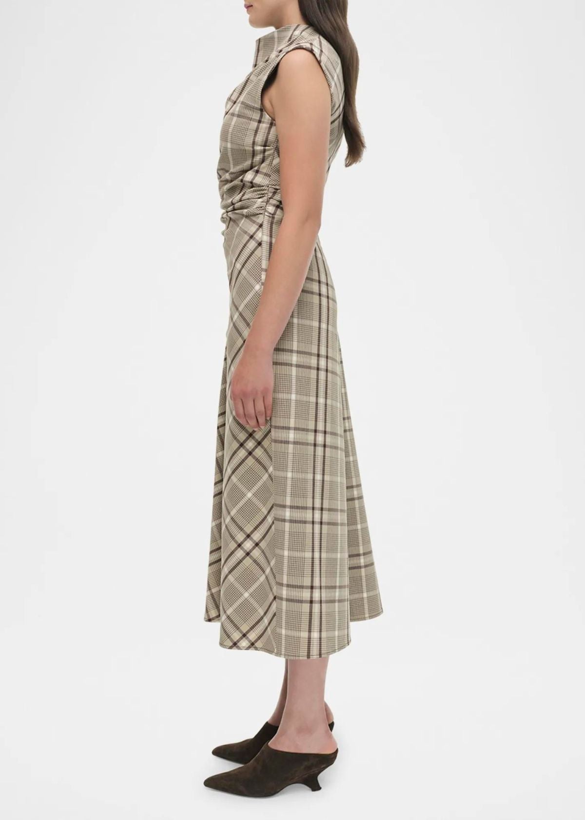 SIMKHAI Burke Plaid Draped Midi Dress - Sand