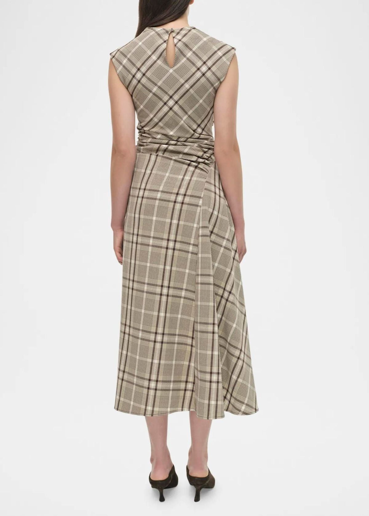 SIMKHAI Burke Plaid Draped Midi Dress - Sand