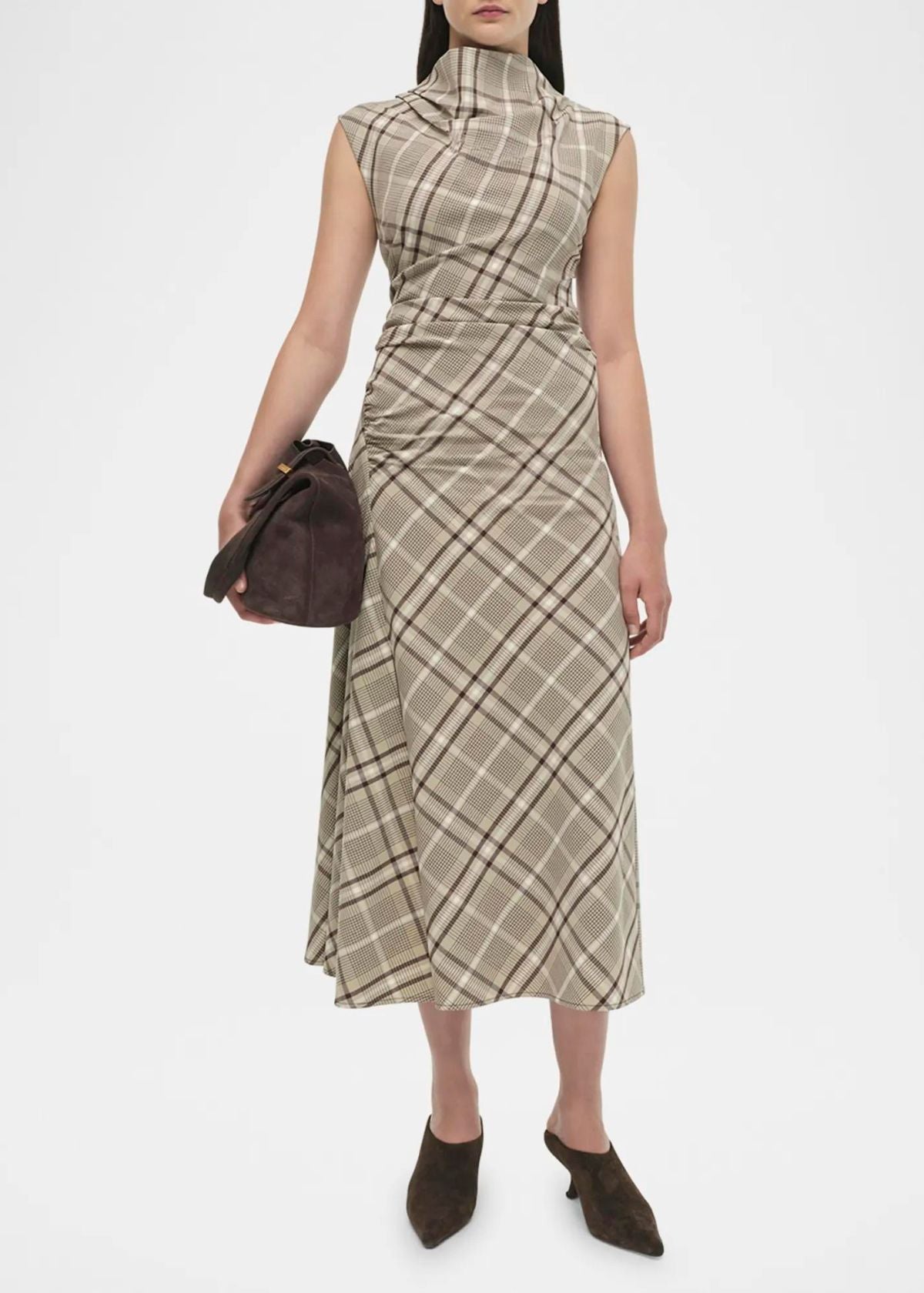 SIMKHAI Burke Plaid Draped Midi Dress - Sand