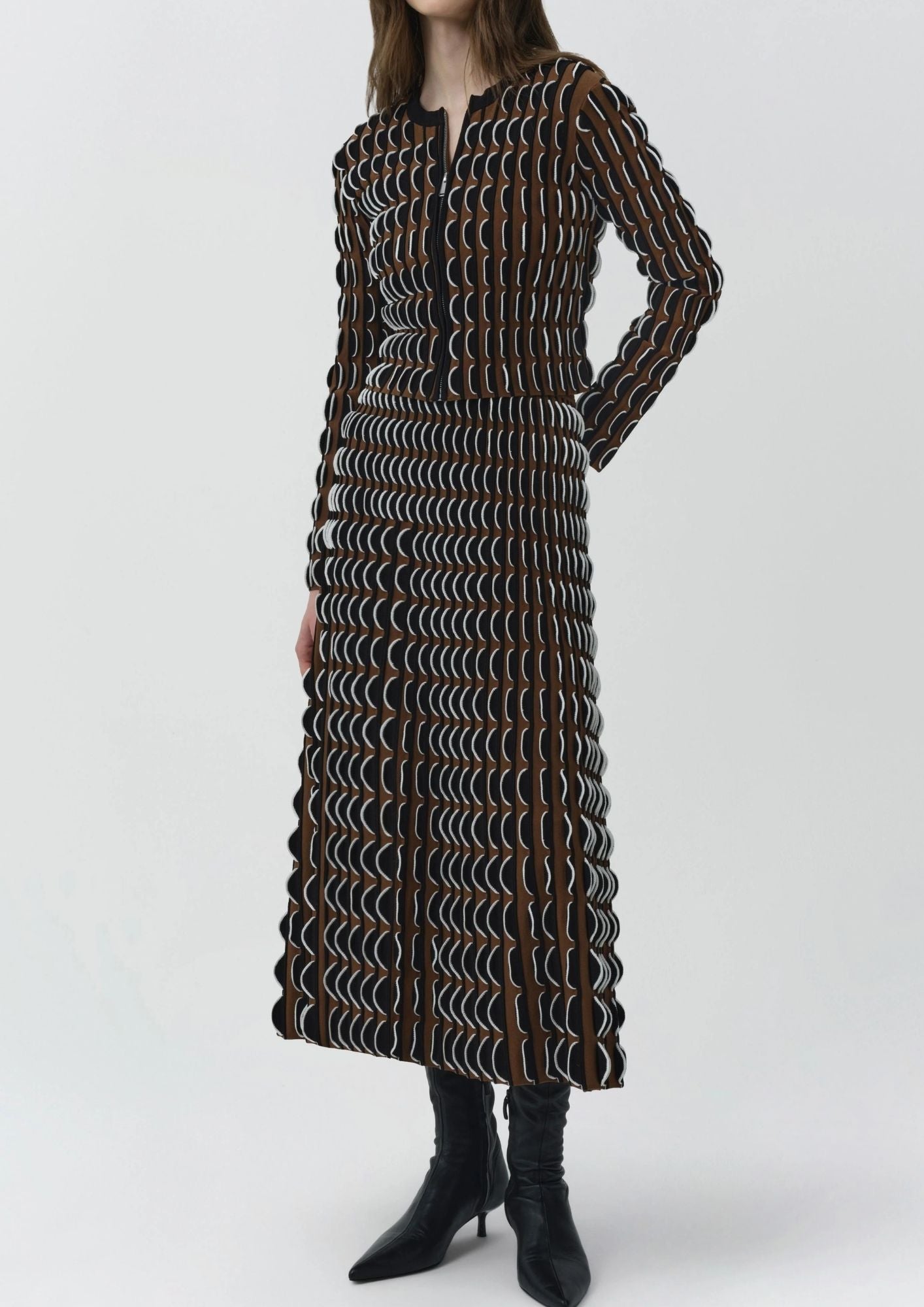 SIMKHAI Ike Scalloped Compact Knit Midi Skirt - Dark Ochre Multi