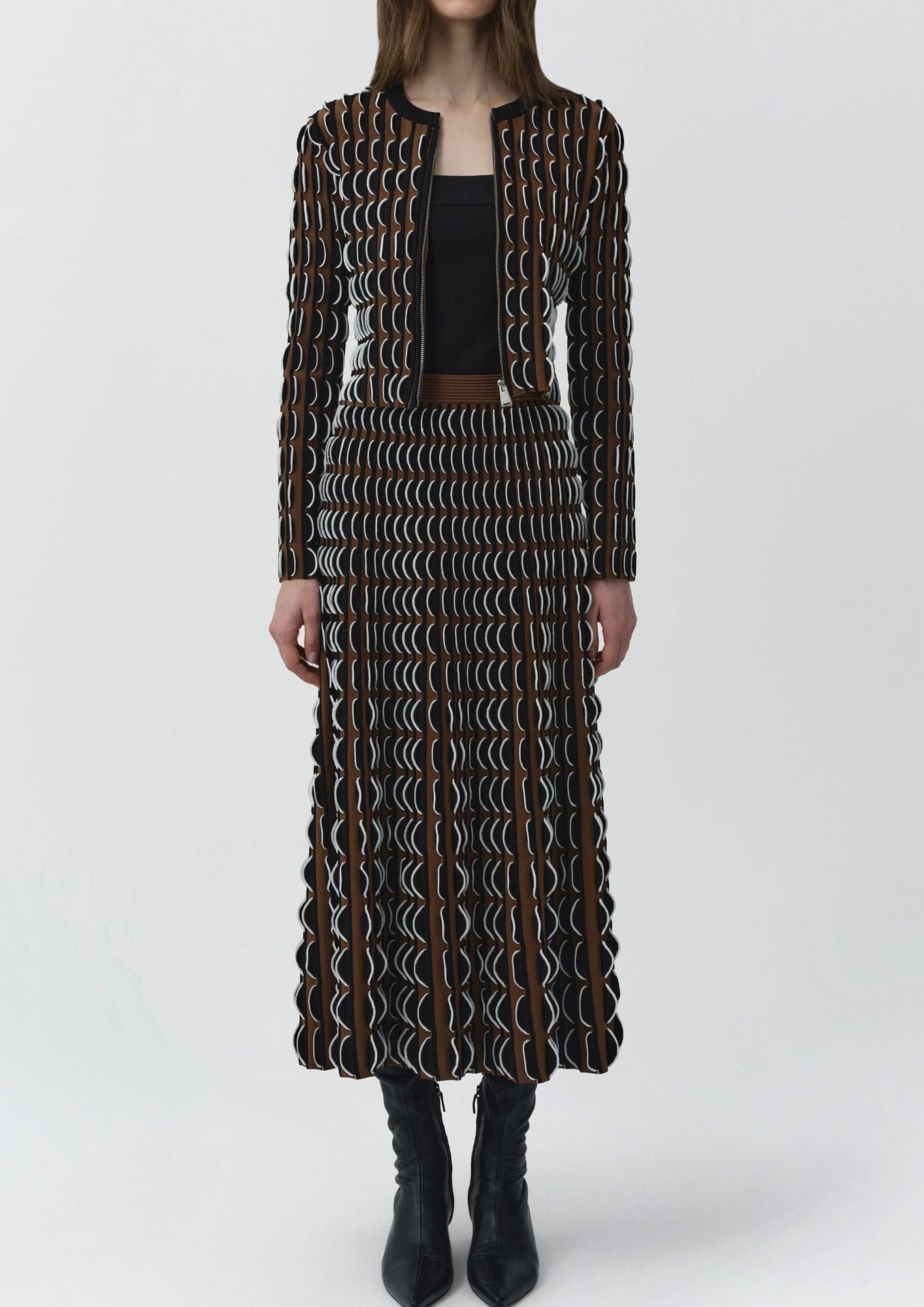 SIMKHAI Ike Scalloped Compact Knit Midi Skirt - Dark Ochre Multi