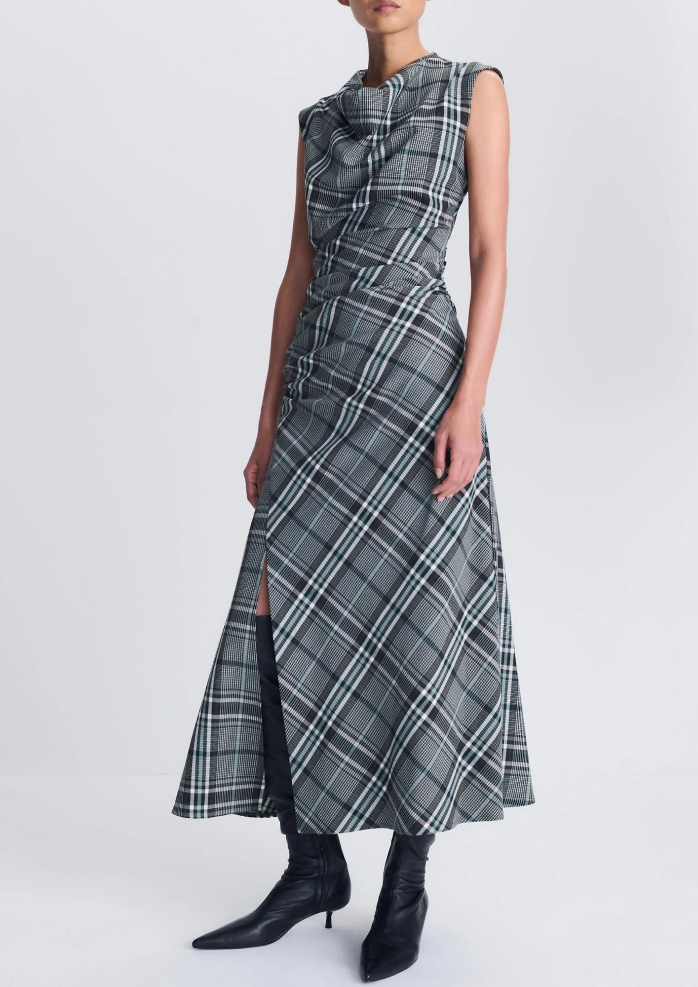 SIMKHAI Burke Sleeveless Draped Midi Dress - Everglade Plaid