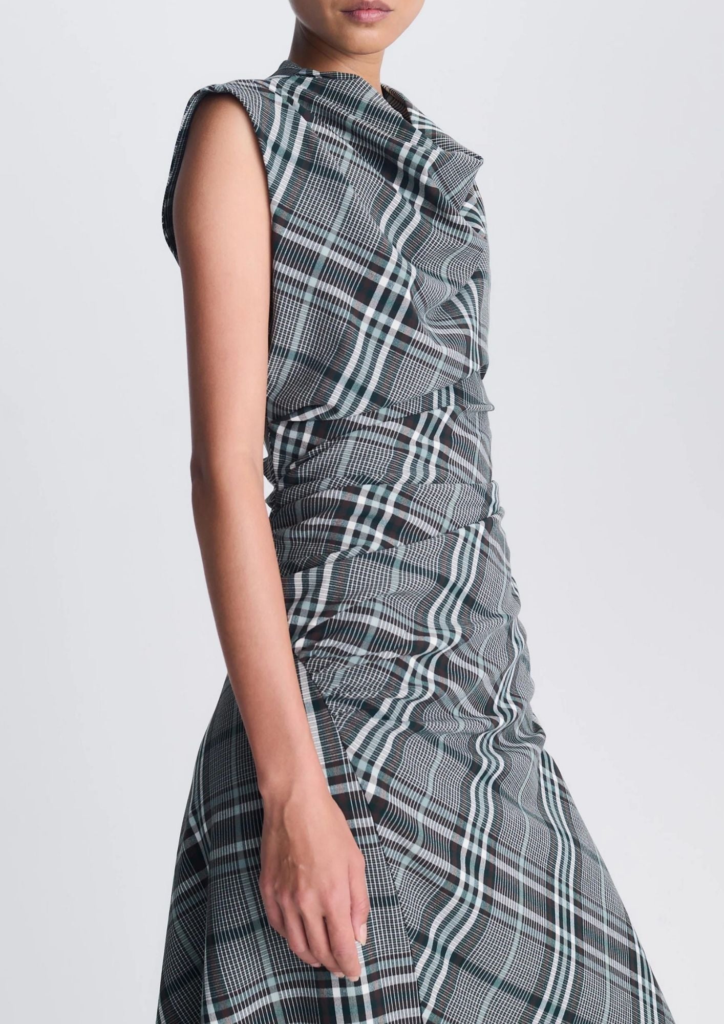 SIMKHAI Burke Sleeveless Draped Midi Dress - Everglade Plaid