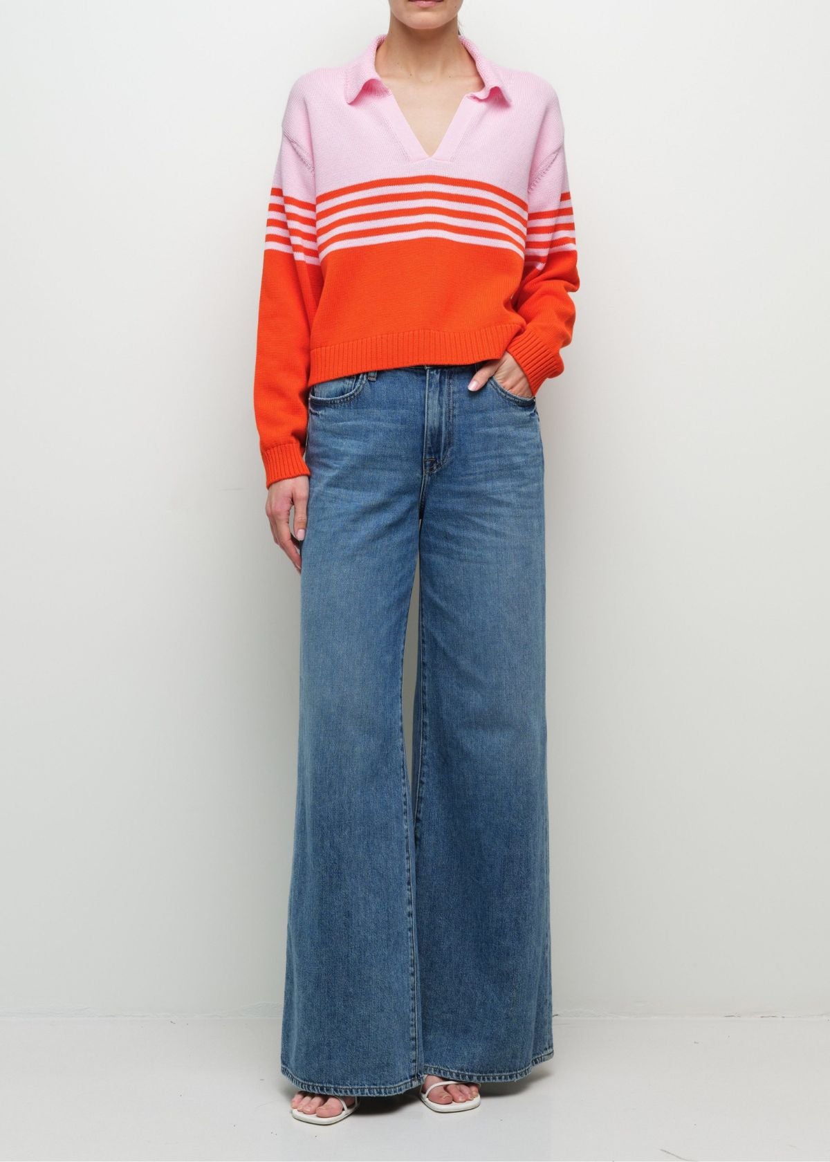 SIMKHAI Jules Knit Polo Top - Lobster Stripe