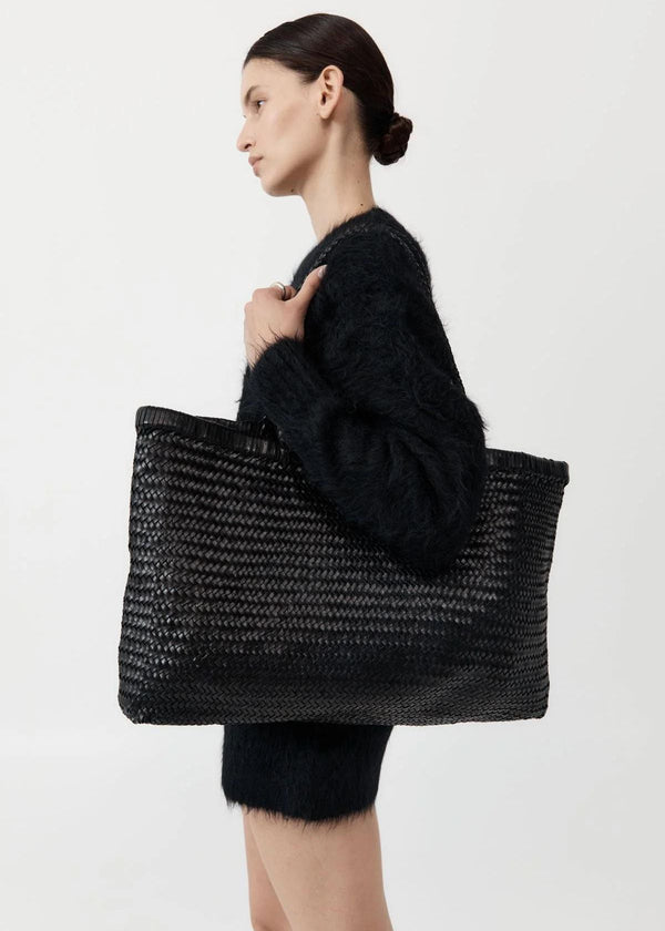 ST. AGNI Wide Bagu Woven Tote Handbag - Black