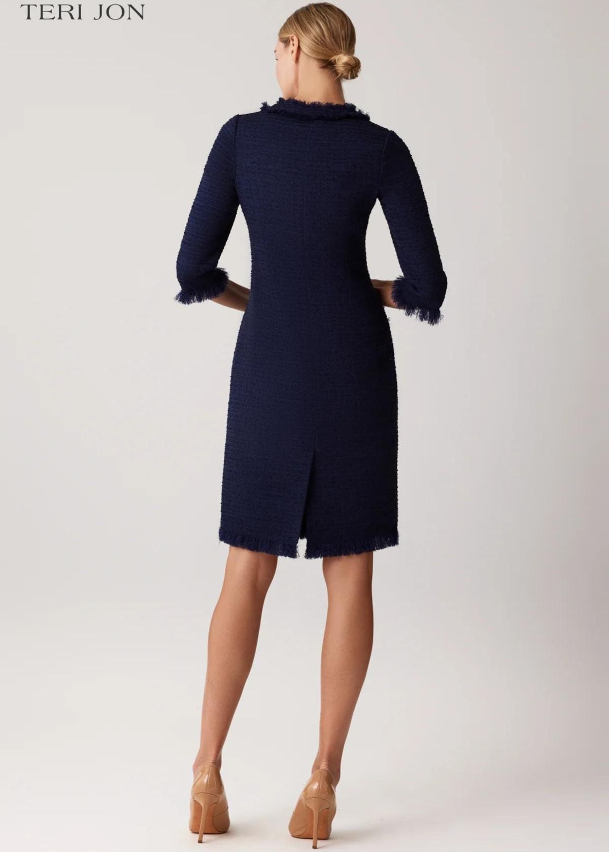 TERI JON Stretch Boucle Trim Dress - Navy