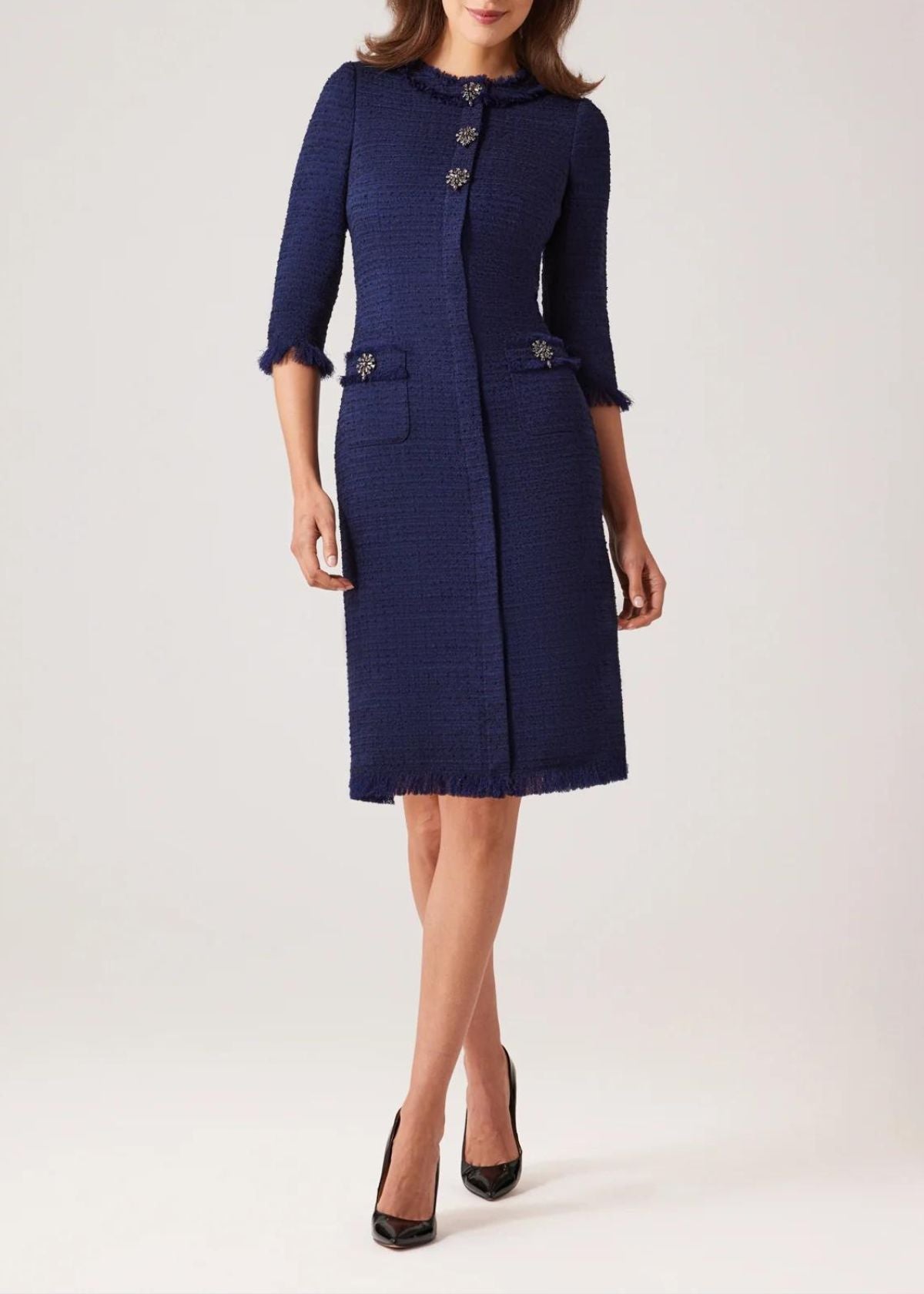 TERI JON Stretch Boucle Trim Dress - Navy