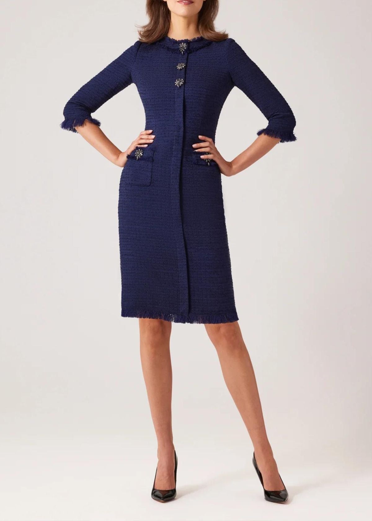 TERI JON Stretch Boucle Trim Dress - Navy