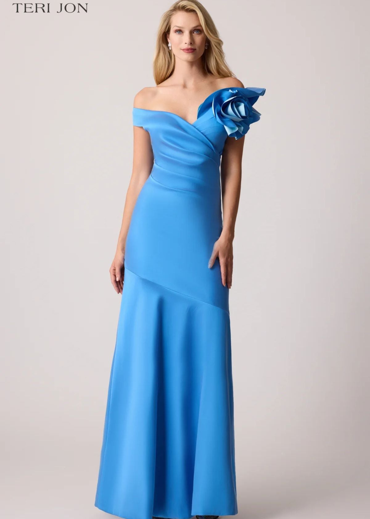 TERI JON Stretch Gazar Off-The-Shoulder Side Drape Gown - French Blue