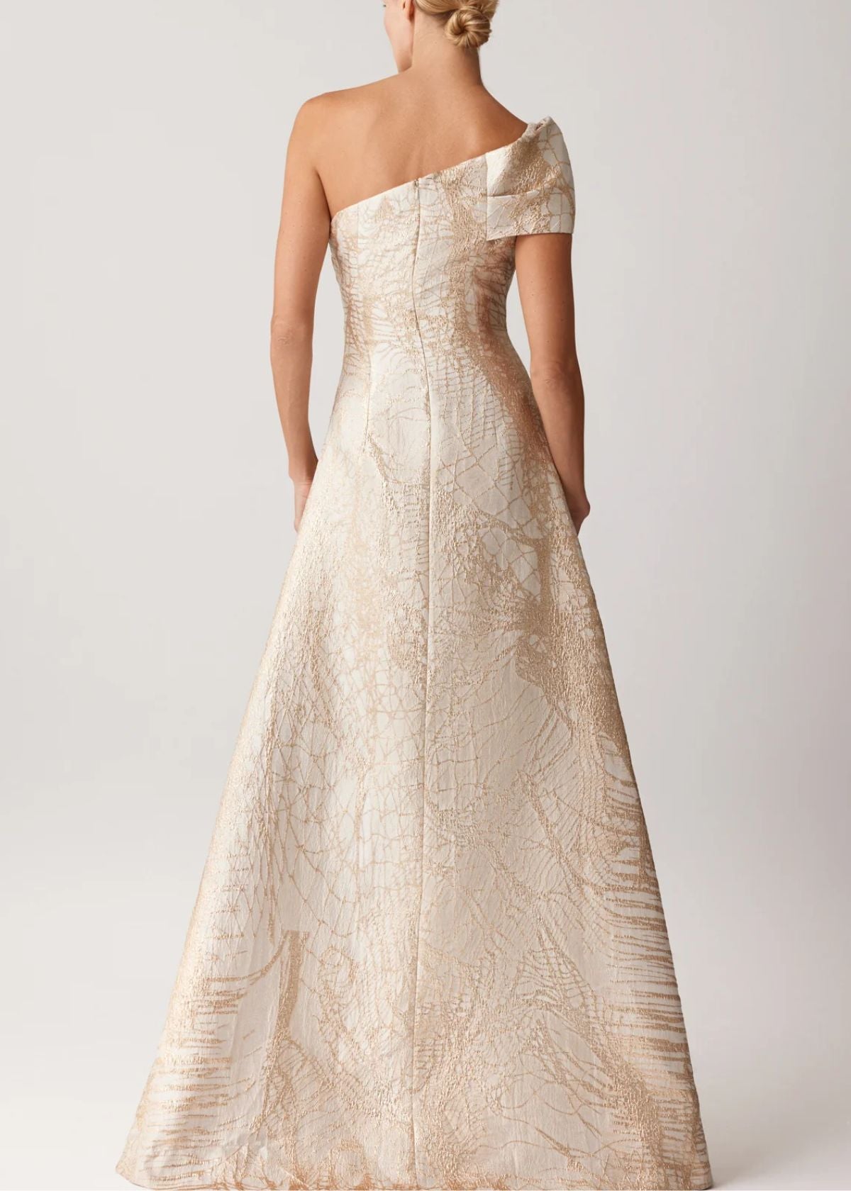 TERI JON One Shoulder Cuff Jacquard Evening Gown - Ivory/Gold