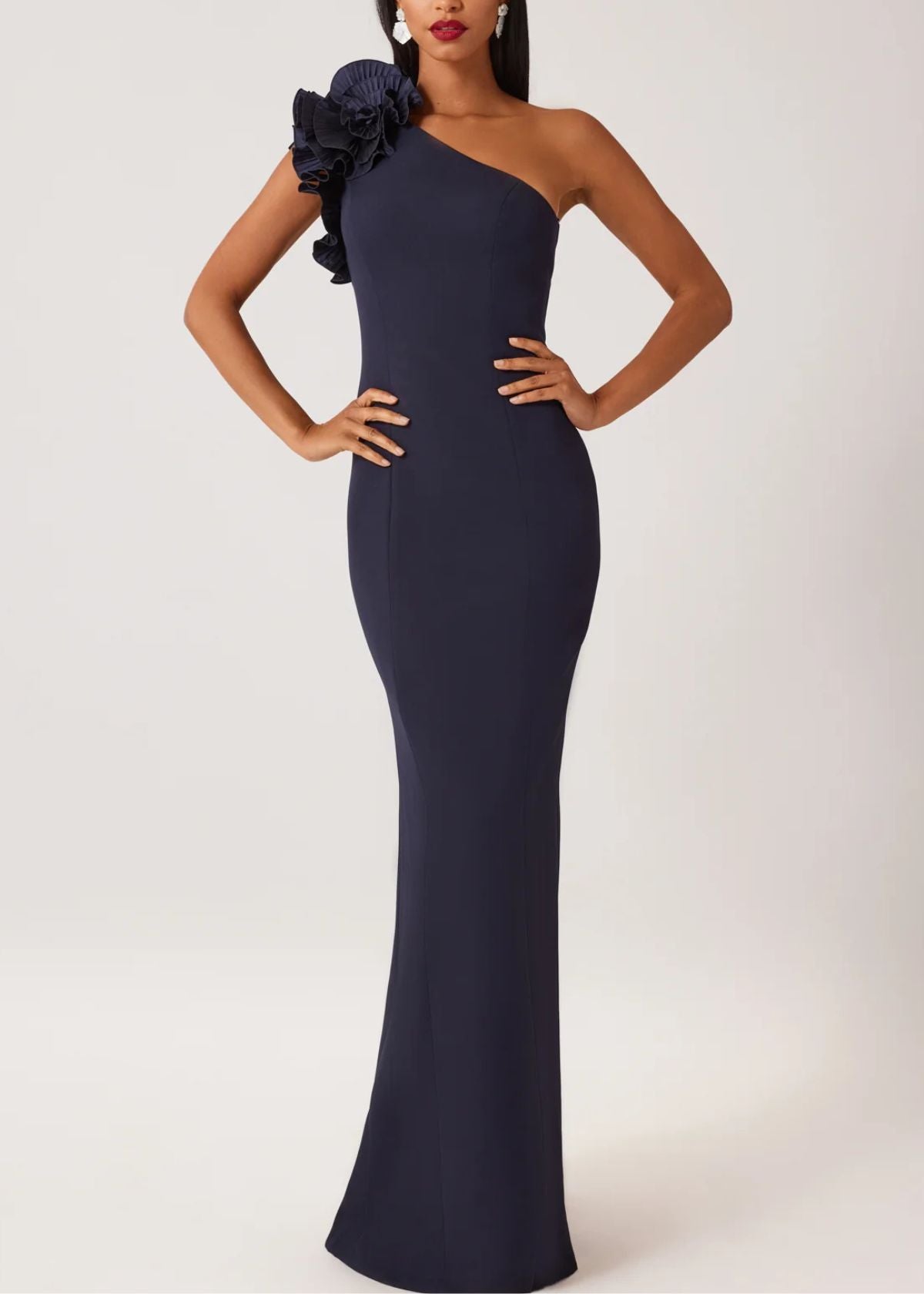 TERI JON Crepe One Shoulder Column Gown - Navy