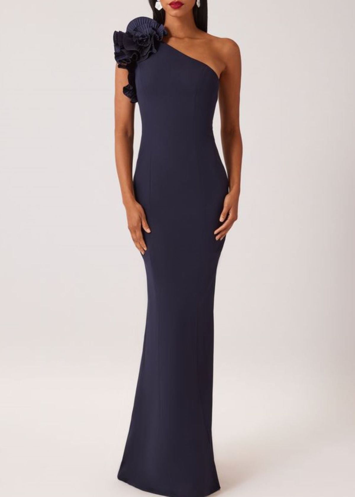 TERI JON Crepe One Shoulder Column Gown - Navy