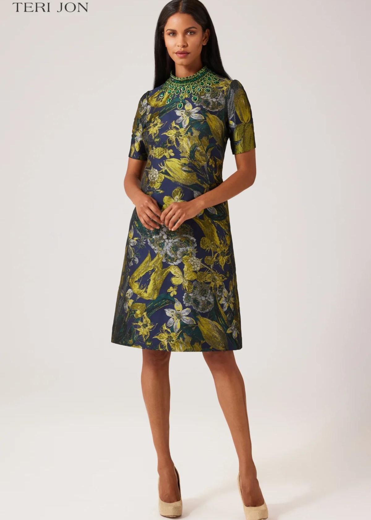 TERI JON Floral Jacquard Bead Mock Neck Dress - Navy Multi