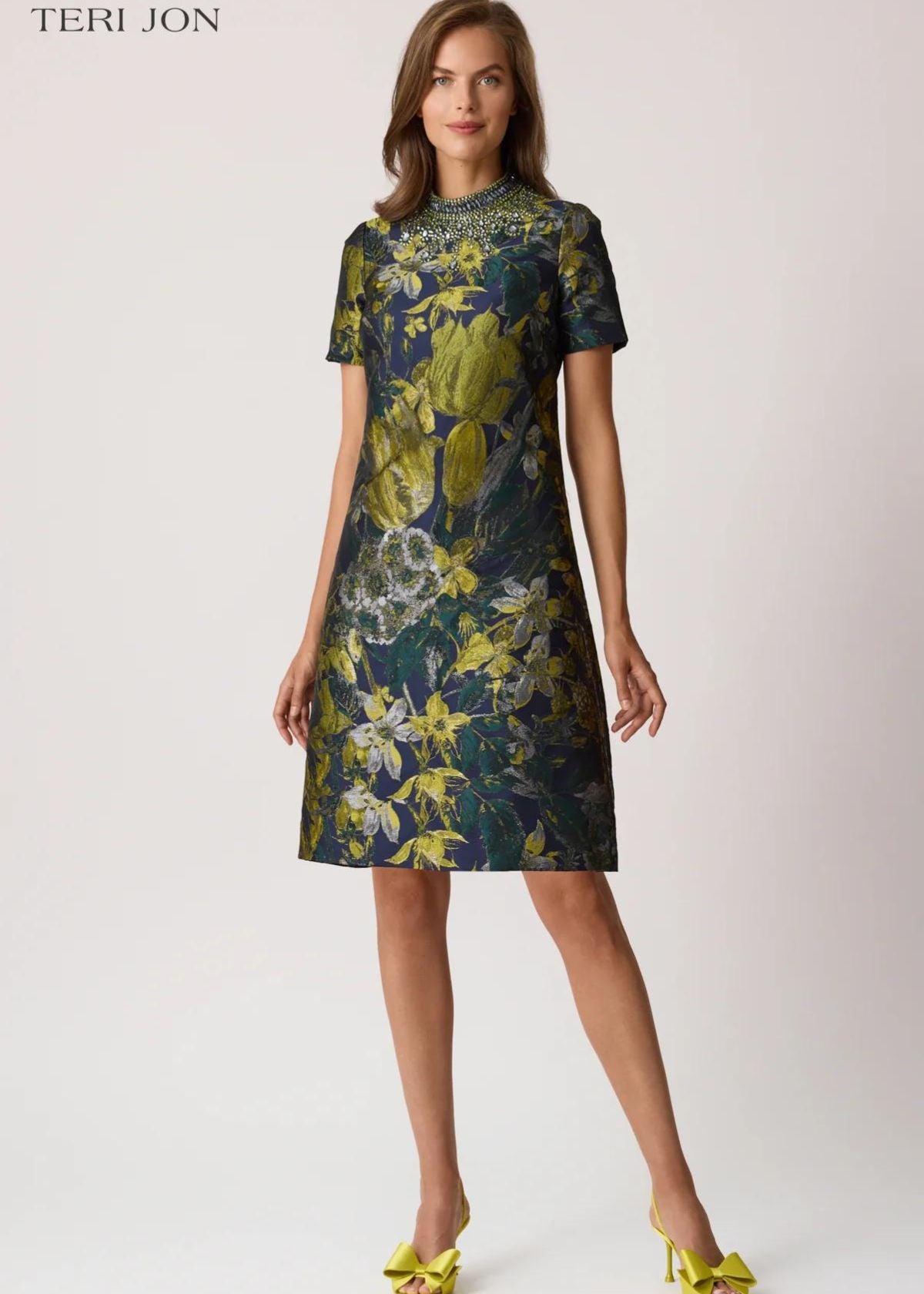 TERI JON Floral Jacquard Bead Mock Neck Dress - Navy Multi