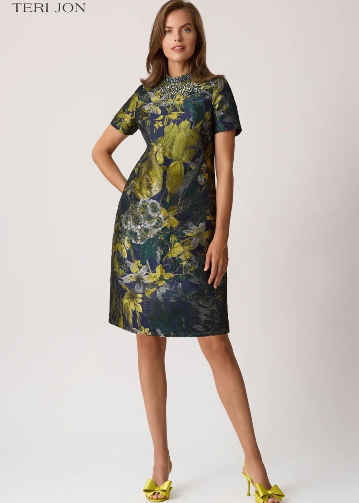 TERI JON Floral Jacquard Bead Mock Neck Dress - Navy Multi