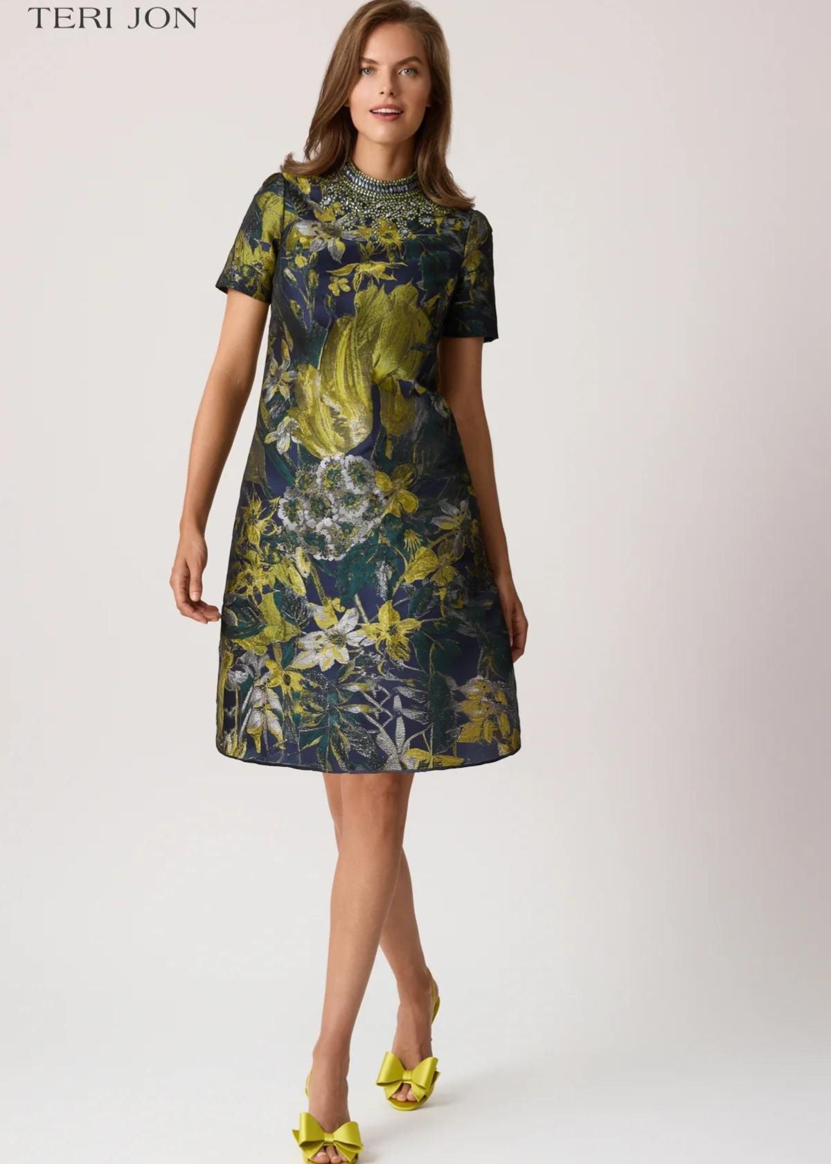 TERI JON Floral Jacquard Bead Mock Neck Dress - Navy Multi