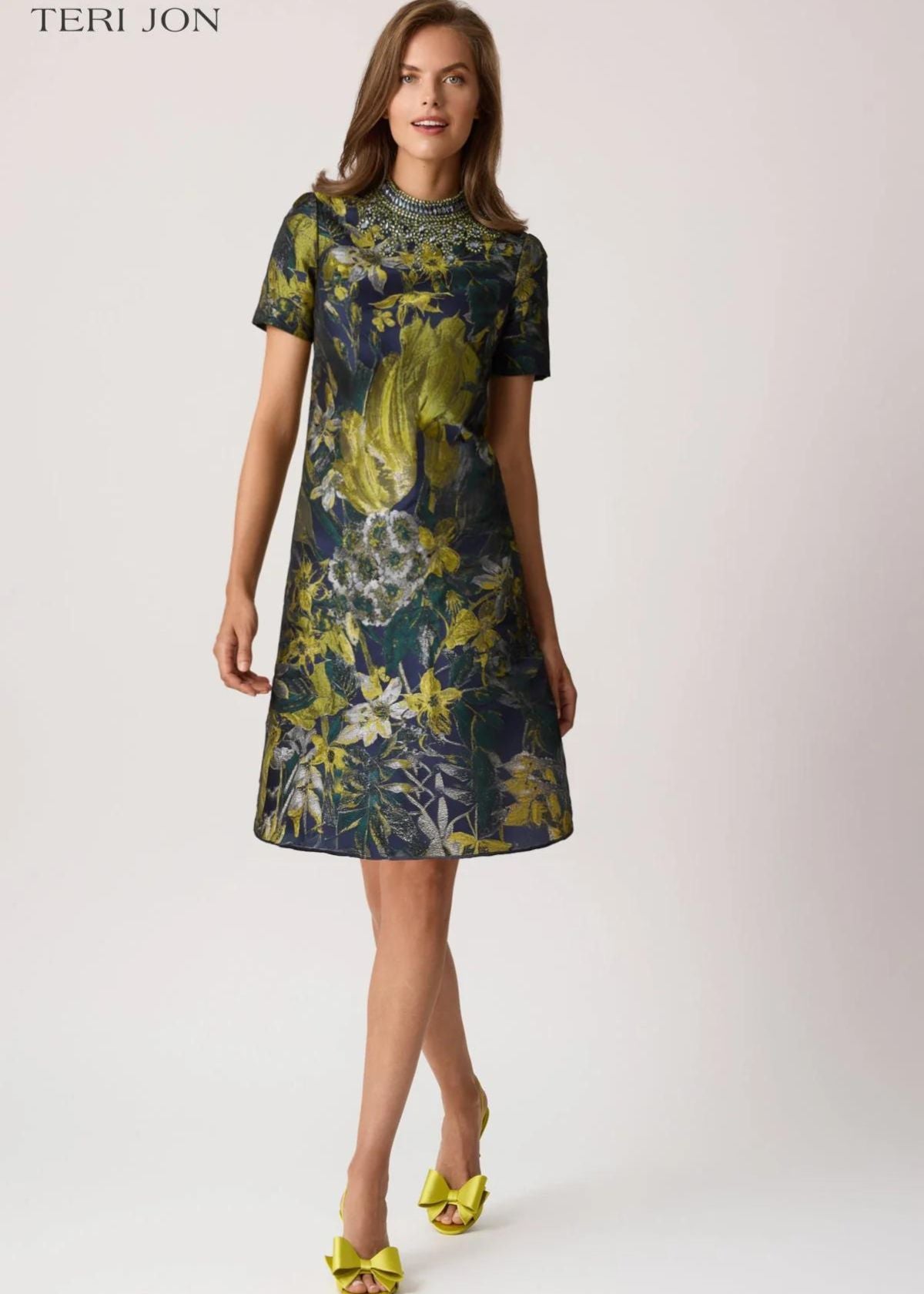 TERI JON Floral Jacquard Bead Mock Neck Dress - Navy Multi