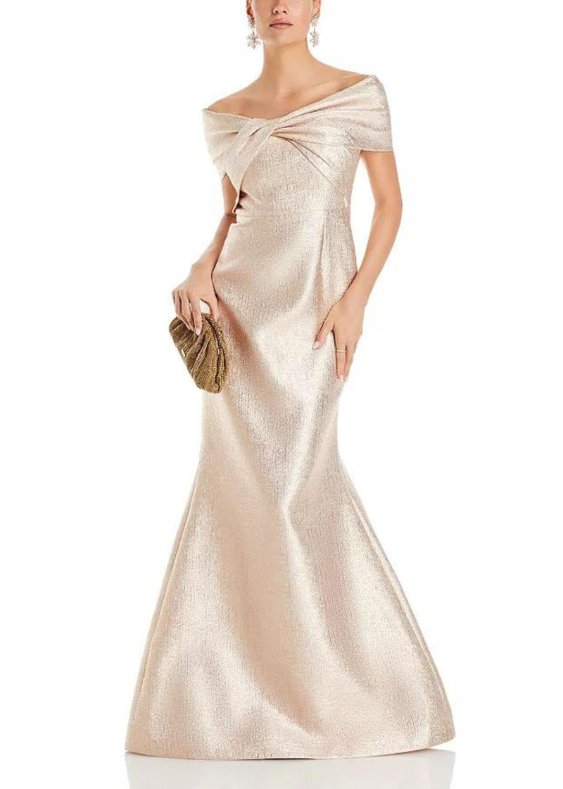 TERI JON Off Shoulder Metallic Jacquard Gown - Rose Gold