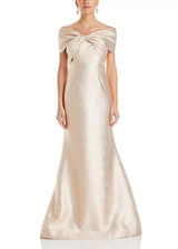 TERI JON Off Shoulder Metallic Jacquard Gown - Rose Gold
