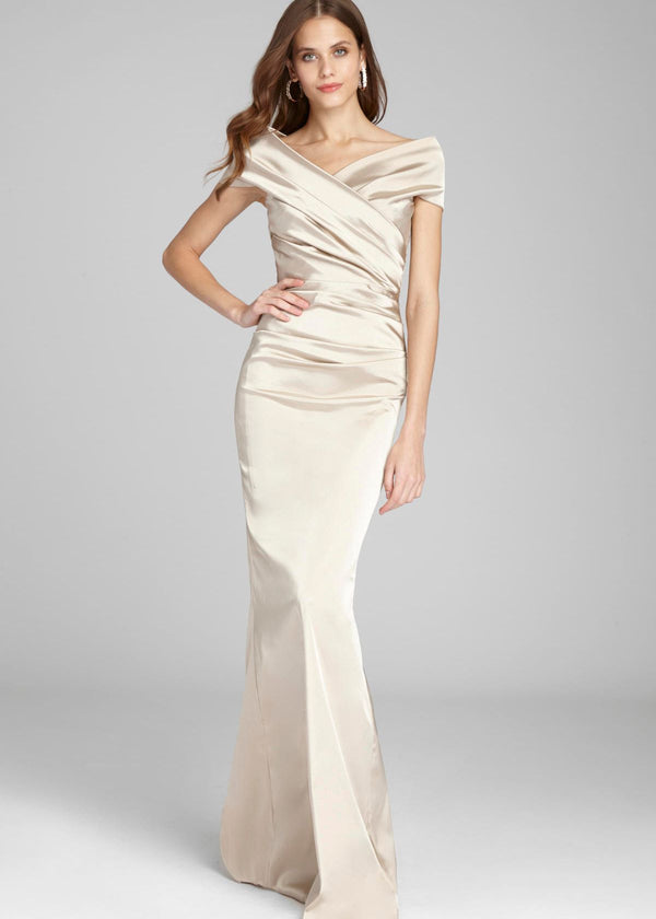TERI JON Off the Shoulder Stretch Satin Gown - Champagne