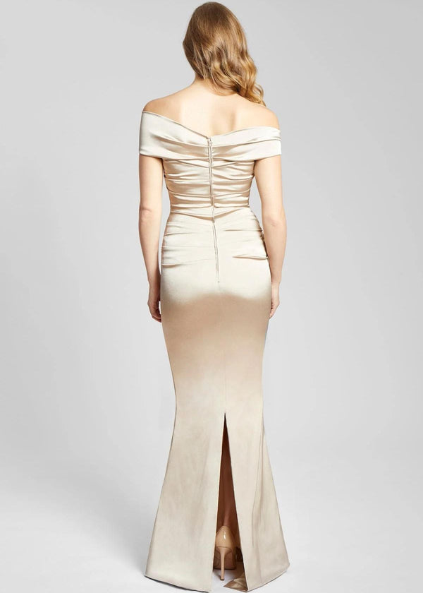 TERI JON Off the Shoulder Stretch Satin Gown - Champagne