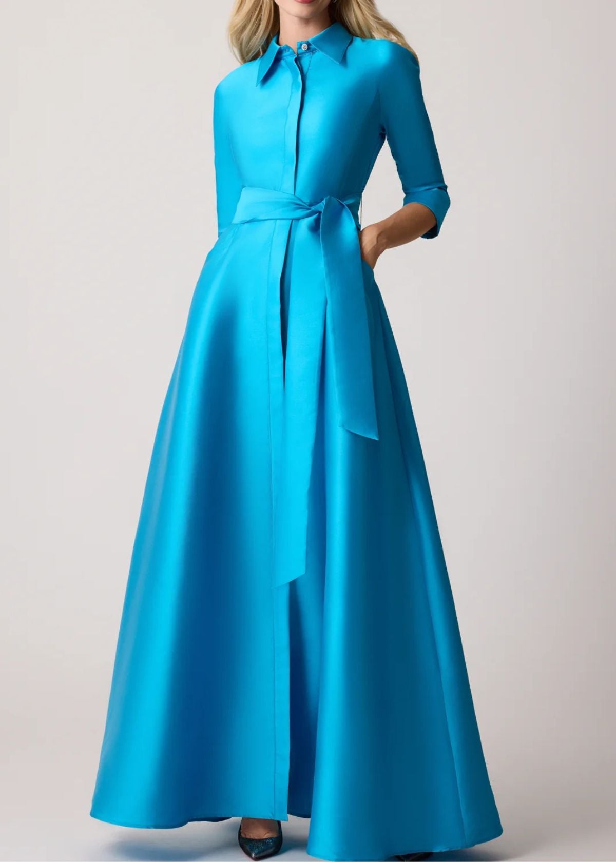 TERI JON Mikado Twill Shirt Waist Gown - Turquoise