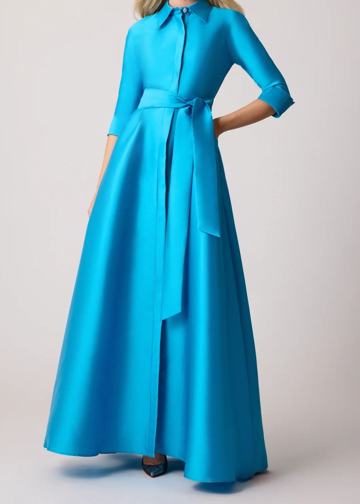 TERI JON Mikado Twill Shirt Waist Gown - Turquoise