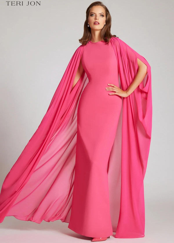 TERI JON Crepe Column Gown with Chiffon Overlay - Watermelon