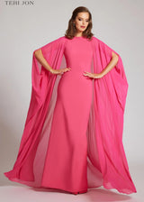 TERI JON Crepe Column Gown with Chiffon Overlay - Watermelon