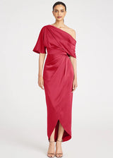 THEIA Rayna One Shoulder Draped Gown - Ruby