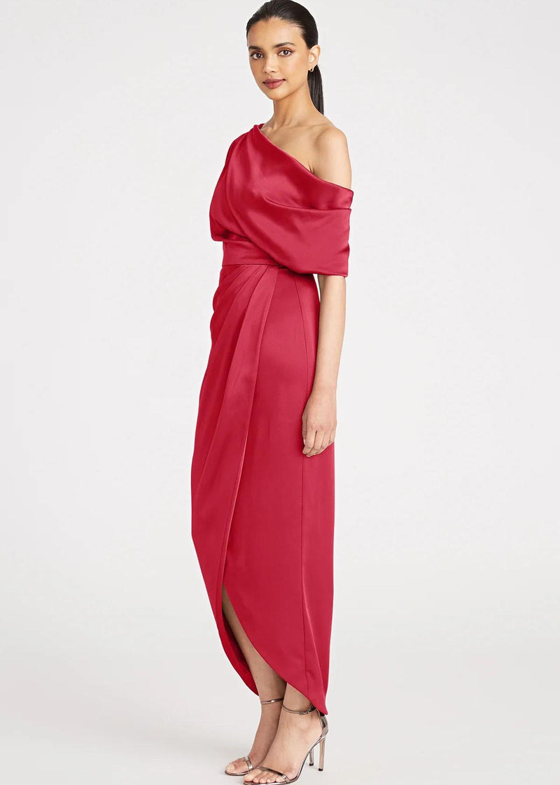 THEIA Rayna One Shoulder Draped Gown - Ruby
