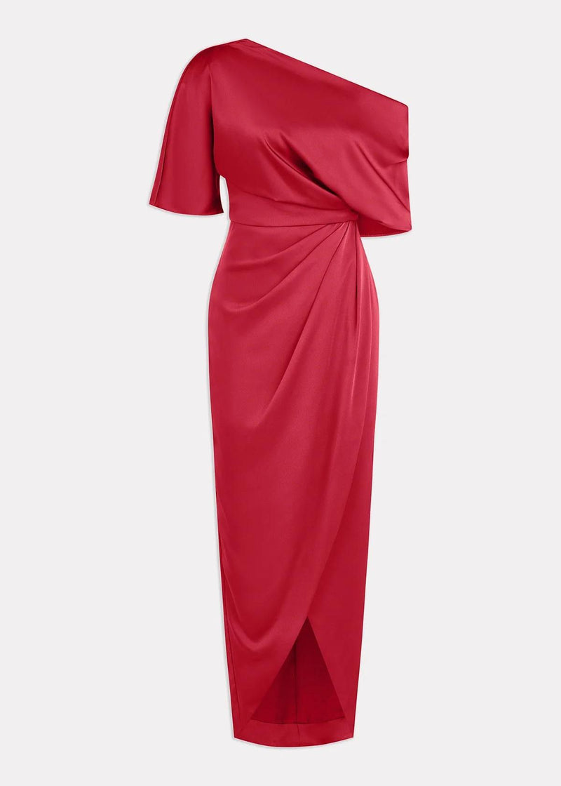 THEIA Rayna One Shoulder Draped Gown - Ruby