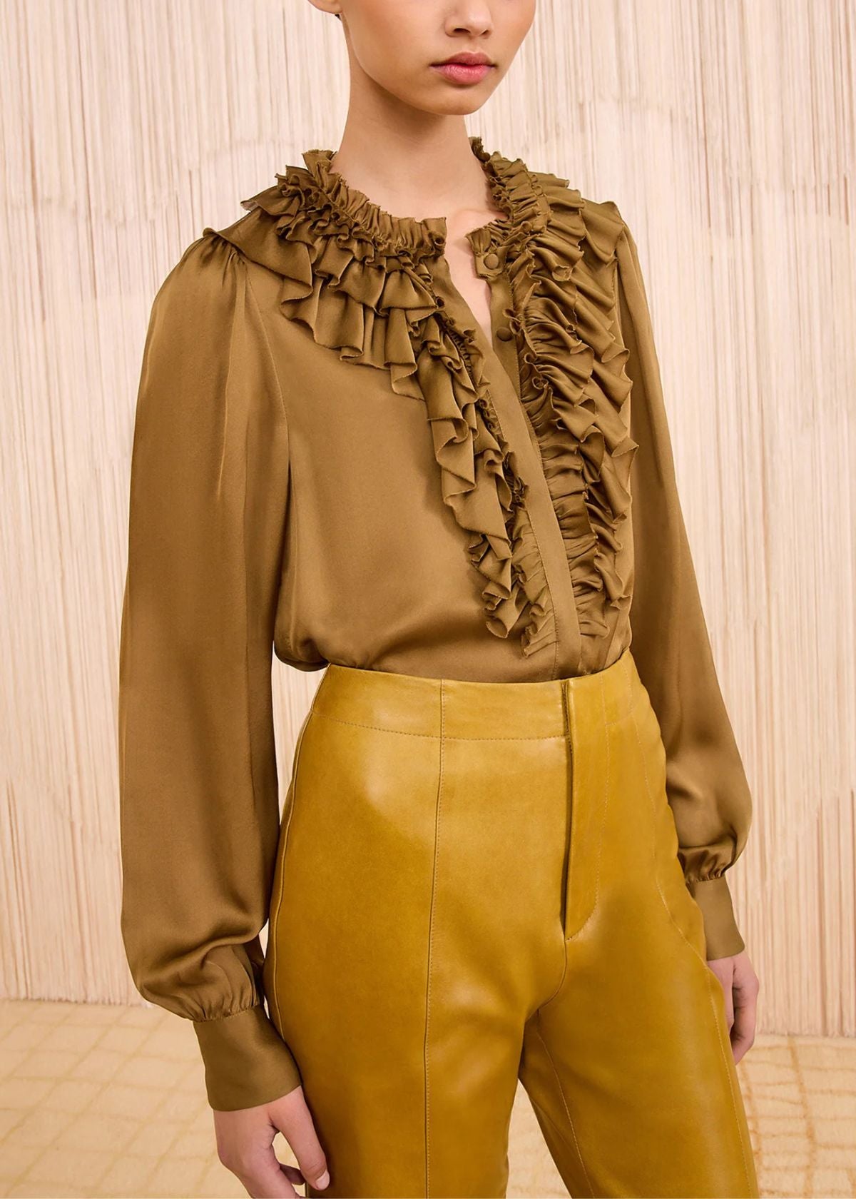 ULLA JOHNSON Rouen Silk Ruffle Front Top - Willow