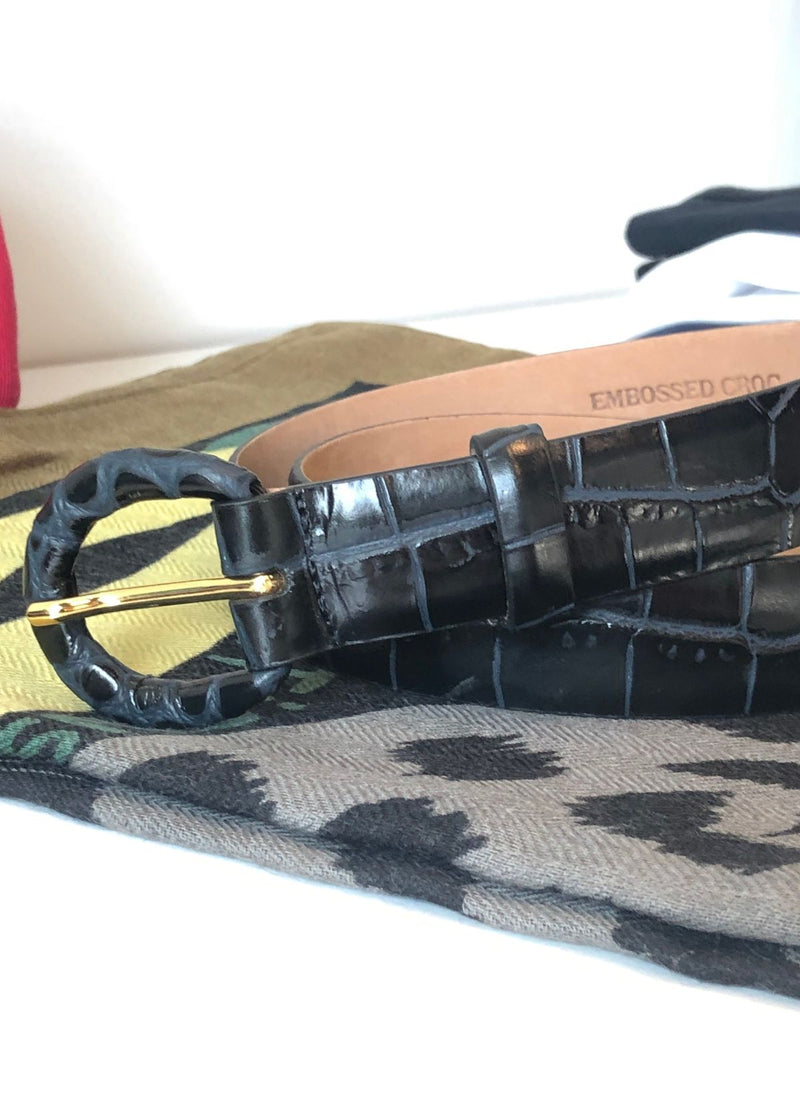W.KLEINBERG Two-Toned Embossed Crocodile Belt with Covered Buckle - Ocean Black