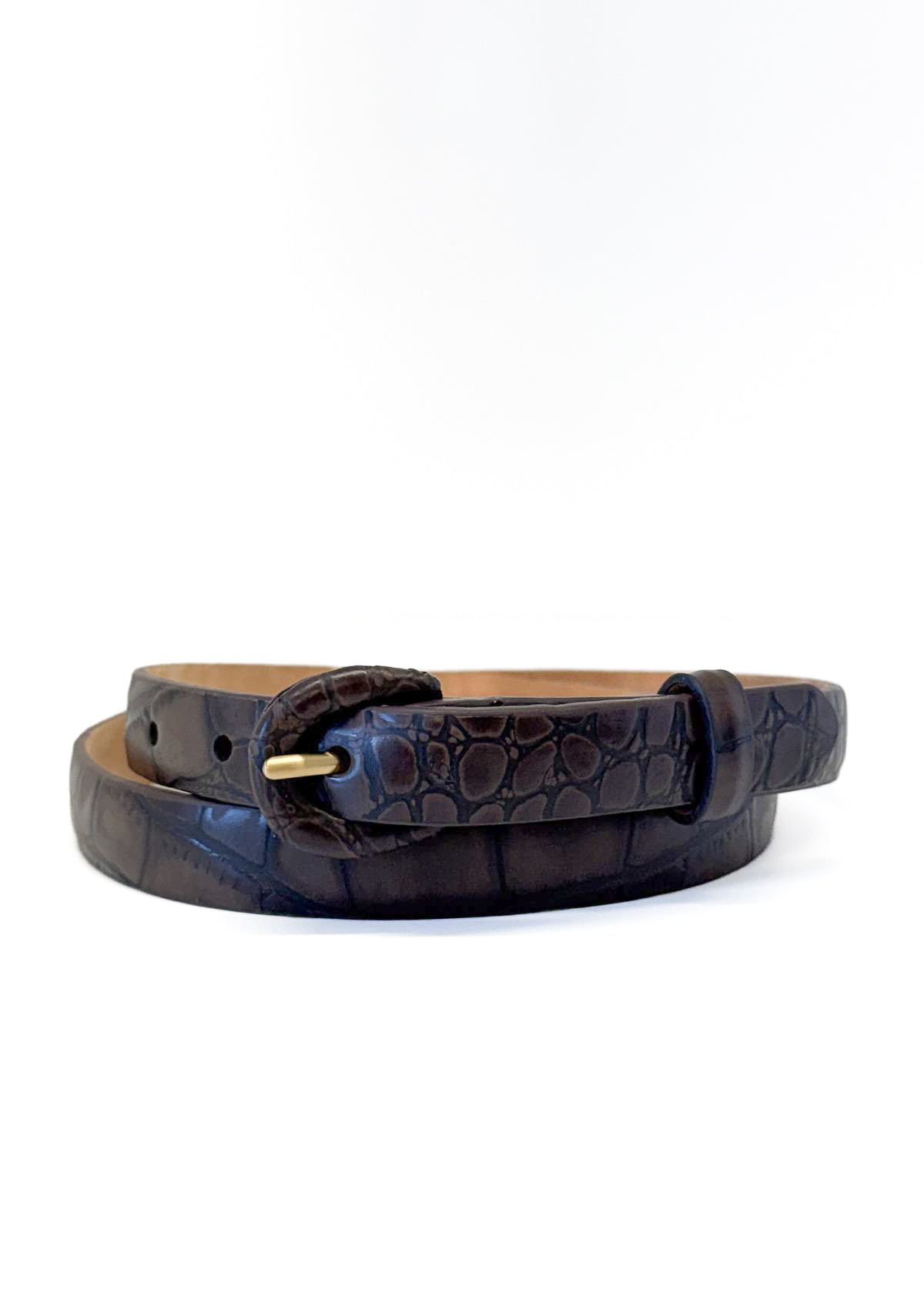W.KLEINBERG Skinny Italian Embossed Croc Belt with Covered Buckle - Chocolate