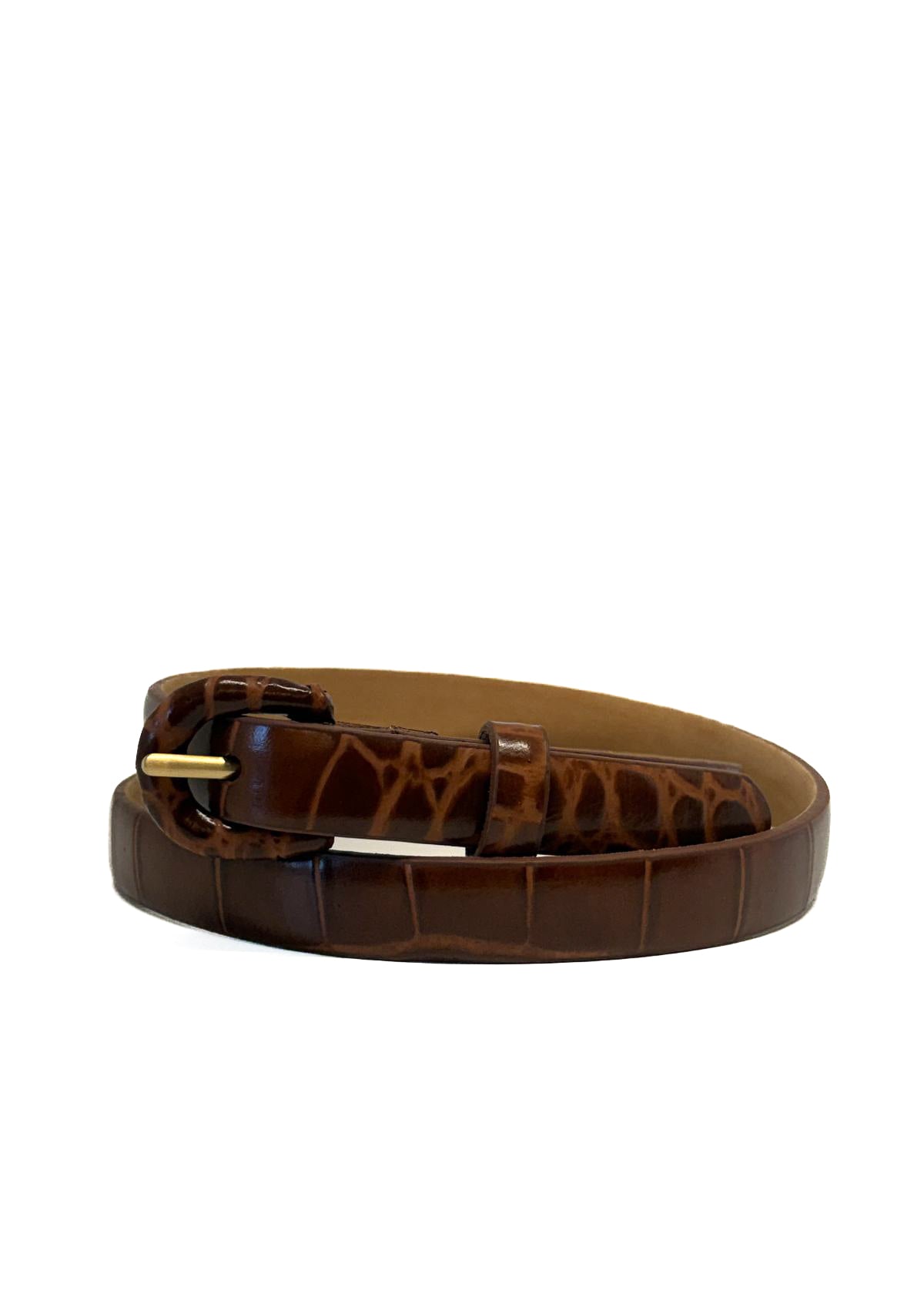 W.KLEINBERG Skinny Italian Embossed Croc Belt with Covered Buckle - Cognac