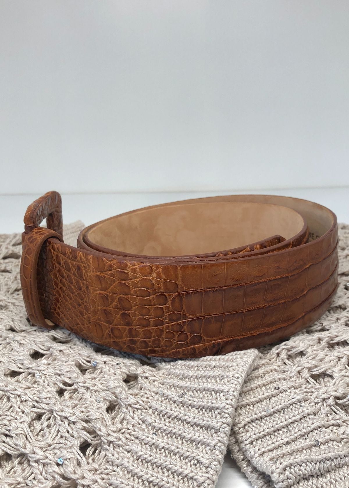 W.KLEINBERG Wide Matte Caiman Crocodile Belt with Covered Buckle - Cognac