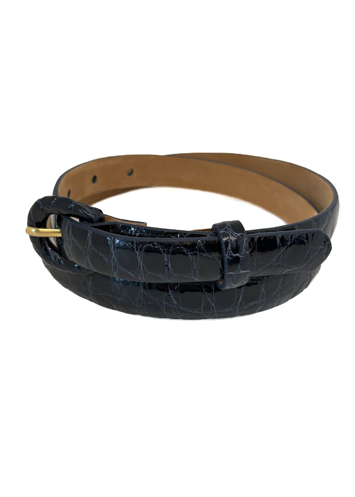 W.KLEINBERG Glazed Alligator Skinny Belt with Covered Buckle - Navy
