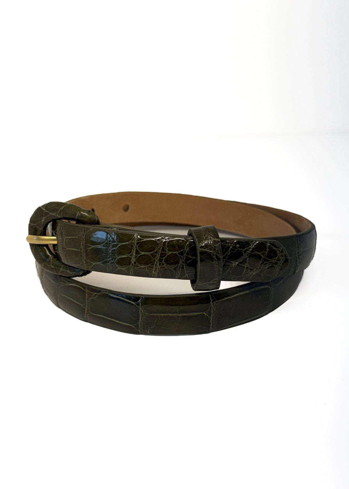 W.KLEINBERG Glazed Alligator Skinny Belt with Covered Buckle - Olive