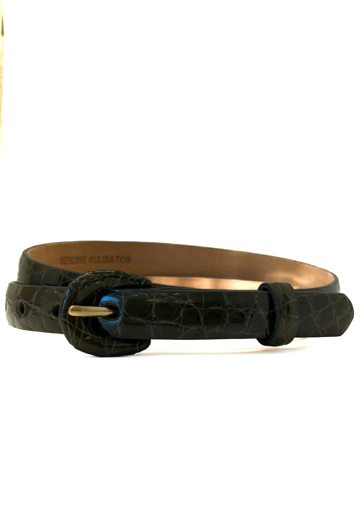 W.KLEINBERG Glazed Alligator Skinny Belt with Covered Buckle - Olive