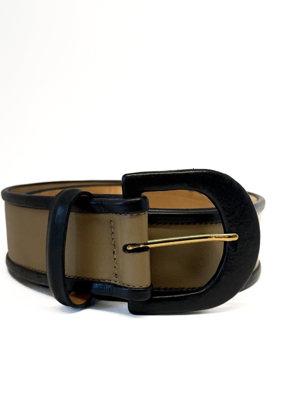 W.KLEINBERG Two-Tone Wide Leather Belt with Covered Buckle - Taupe/Black