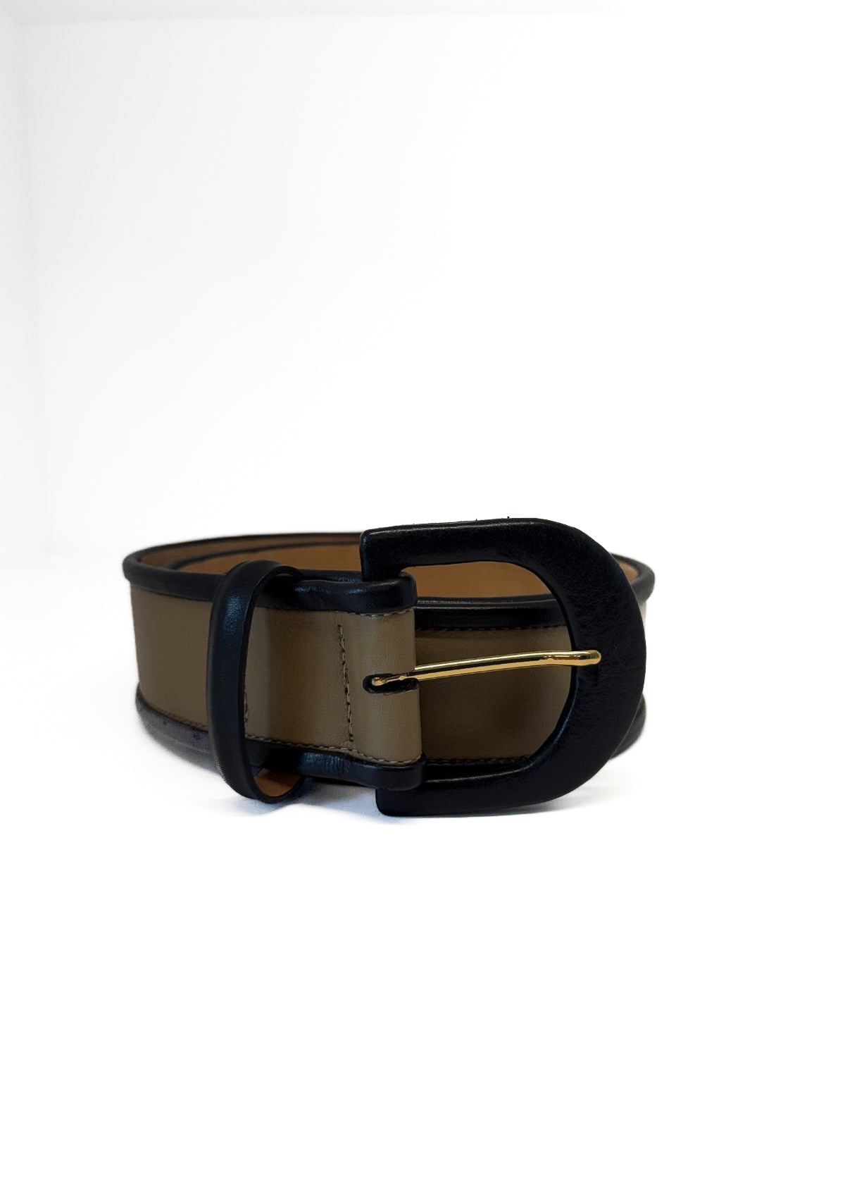 W.KLEINBERG Two-Tone Wide Leather Belt with Covered Buckle - Taupe/Black