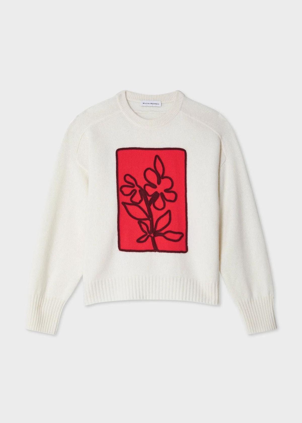 WHITE + WARREN Cashmere Floral Applique Crewneck Sweater